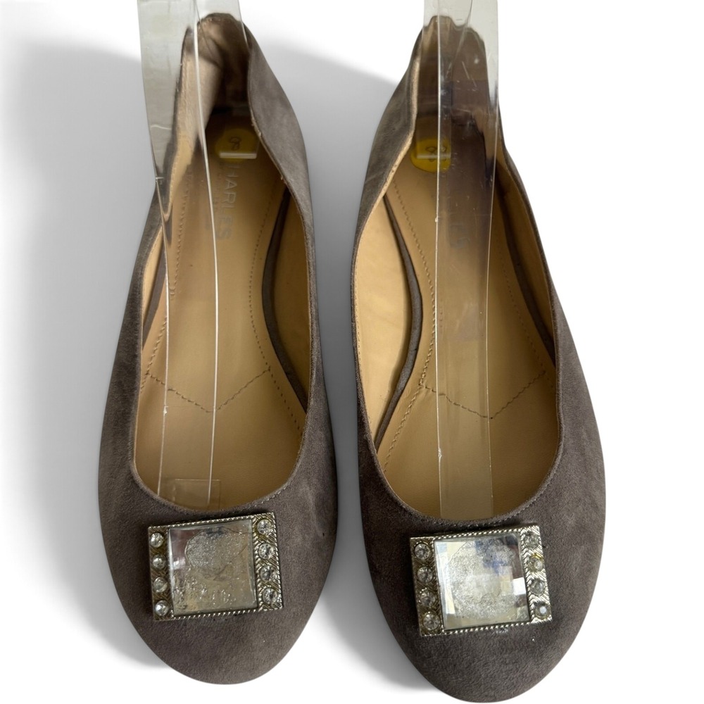 Charles by Charles David Flats Womens 8 Taupe Suede Crystal Buckle Ballet Shoes